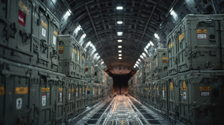 Inside a military transport aircraft, rows of green cargo crates are stacked securely. The environment showcases an organized layout, ensuring safe transportation of items.の素材