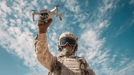A soldier dressed in tactical gear and a mask controls a small drone in a desert setting. The clear blue sky contrasts with the sand, highlighting the modern military technology in use.の素材