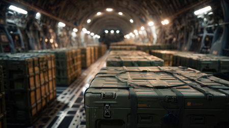 Inside a military transport aircraft, rows of green cargo crates are stacked securely. The environment showcases an organized layout, ensuring safe transportation of items.の素材