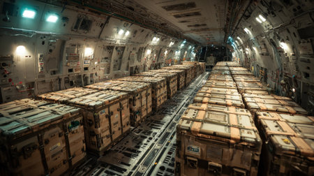 Inside a military transport aircraft, rows of green cargo crates are stacked securely. The environment showcases an organized layout, ensuring safe transportation of items.の素材