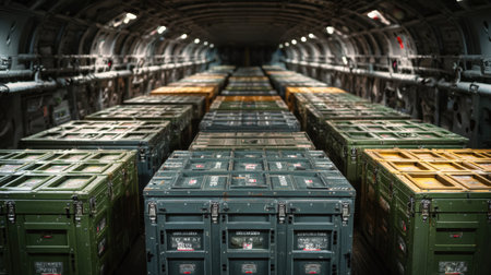 Inside a military transport aircraft, rows of green cargo crates are stacked securely. The environment showcases an organized layout, ensuring safe transportation of items.の素材
