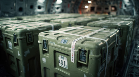 Inside a military transport aircraft, rows of green cargo crates are stacked securely. The environment showcases an organized layout, ensuring safe transportation of items.の素材