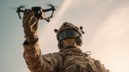 A soldier dressed in tactical gear and a mask controls a small drone in a desert setting. The clear blue sky contrasts with the sand, highlighting the modern military technology in use.の素材