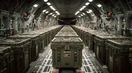Inside a military transport aircraft, rows of green cargo crates are stacked securely. The environment showcases an organized layout, ensuring safe transportation of items.の素材