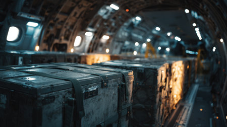 Inside a military transport aircraft, rows of green cargo crates are stacked securely. The environment showcases an organized layout, ensuring safe transportation of items.の素材