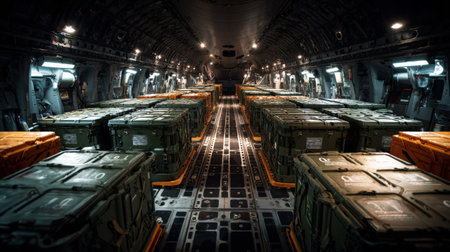 Inside a military transport aircraft, rows of green cargo crates are stacked securely. The environment showcases an organized layout, ensuring safe transportation of items.の素材