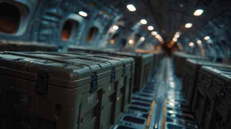 Inside a military transport aircraft, rows of green cargo crates are stacked securely. The environment showcases an organized layout, ensuring safe transportation of items.の素材