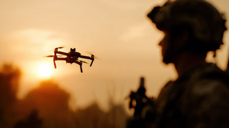 A soldier stands against a vibrant sunset, monitoring a drone's flight as it hovers nearby. The silhouetted figure focuses on a device, showcasing modern military technology in action.の素材