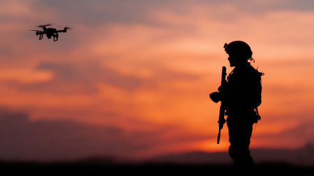 A soldier stands against a vibrant sunset, monitoring a drone's flight as it hovers nearby. The silhouetted figure focuses on a device, showcasing modern military technology in action.の素材