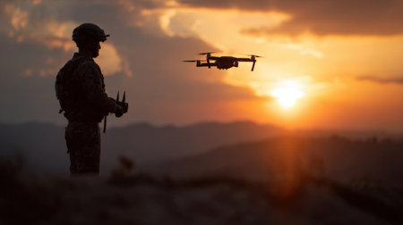 A soldier stands against a vibrant sunset, monitoring a drone's flight as it hovers nearby. The silhouetted figure focuses on a device, showcasing modern military technology in action.の素材