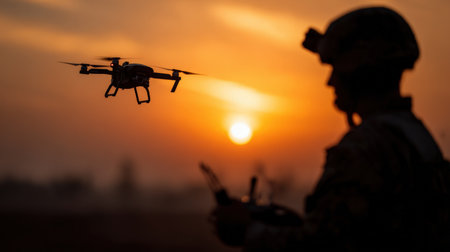 A soldier stands against a vibrant sunset, monitoring a drone's flight as it hovers nearby. The silhouetted figure focuses on a device, showcasing modern military technology in action.の素材