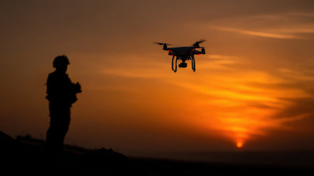 A soldier stands against a vibrant sunset, monitoring a drone's flight as it hovers nearby. The silhouetted figure focuses on a device, showcasing modern military technology in action.の素材