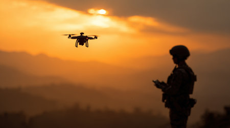 A soldier stands against a vibrant sunset, monitoring a drone's flight as it hovers nearby. The silhouetted figure focuses on a device, showcasing modern military technology in action.の素材