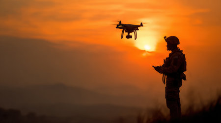 A soldier stands against a vibrant sunset, monitoring a drone's flight as it hovers nearby. The silhouetted figure focuses on a device, showcasing modern military technology in action.の素材