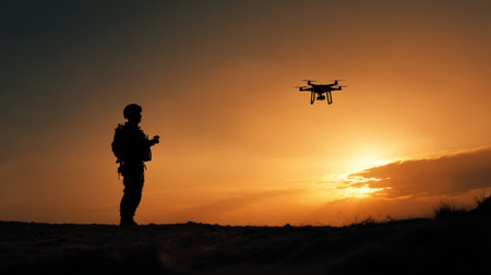 A soldier stands against a vibrant sunset, monitoring a drone's flight as it hovers nearby. The silhouetted figure focuses on a device, showcasing modern military technology in action.の素材