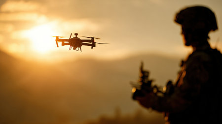 A soldier stands against a vibrant sunset, monitoring a drone's flight as it hovers nearby. The silhouetted figure focuses on a device, showcasing modern military technology in action.の素材