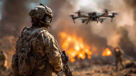 A soldier equipped with advanced tactical gear stands ready as a drone hovers nearby amid a dusty landscape, capturing crucial scouting information during a military operation.の素材