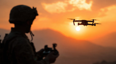 A soldier stands against a vibrant sunset, monitoring a drone's flight as it hovers nearby. The silhouetted figure focuses on a device, showcasing modern military technology in action.の素材