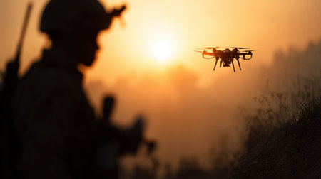 A soldier stands against a vibrant sunset, monitoring a drone's flight as it hovers nearby. The silhouetted figure focuses on a device, showcasing modern military technology in action.の素材