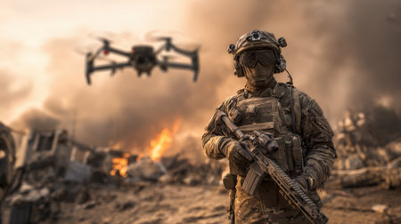 A soldier equipped with advanced tactical gear stands ready as a drone hovers nearby amid a dusty landscape, capturing crucial scouting information during a military operation.の素材