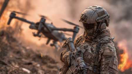 A soldier equipped with advanced tactical gear stands ready as a drone hovers nearby amid a dusty landscape, capturing crucial scouting information during a military operation.の素材