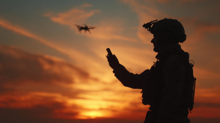A soldier stands against a vibrant sunset, monitoring a drone's flight as it hovers nearby. The silhouetted figure focuses on a device, showcasing modern military technology in action.の素材