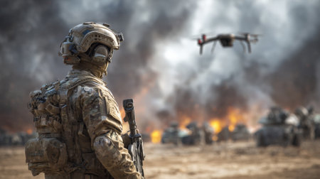 A soldier equipped with advanced tactical gear stands ready as a drone hovers nearby amid a dusty landscape, capturing crucial scouting information during a military operation.の素材