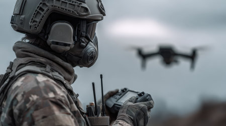 A soldier in tactical gear controls a drone using a remote, focused on the device's movements. Clouds loom above the open field, creating a dramatic atmosphere for the training.の素材