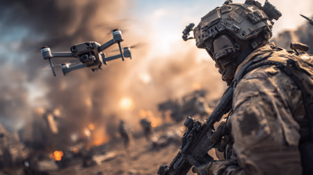 A soldier equipped with advanced tactical gear stands ready as a drone hovers nearby amid a dusty landscape, capturing crucial scouting information during a military operation.の素材