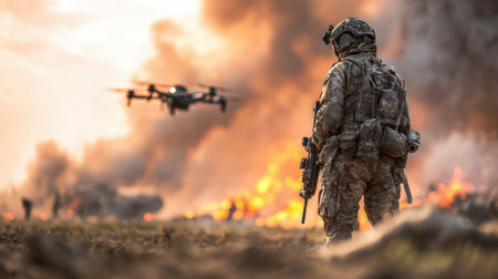 A soldier equipped with advanced tactical gear stands ready as a drone hovers nearby amid a dusty landscape, capturing crucial scouting information during a military operation.の素材