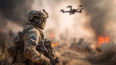 A soldier equipped with advanced tactical gear stands ready as a drone hovers nearby amid a dusty landscape, capturing crucial scouting information during a military operation.の素材