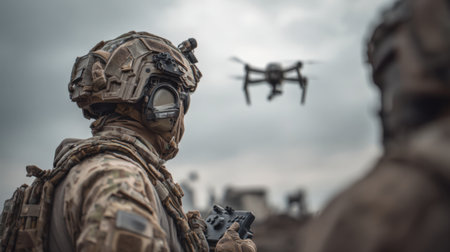 A soldier in tactical gear controls a drone using a remote, focused on the device's movements. Clouds loom above the open field, creating a dramatic atmosphere for the training.の素材