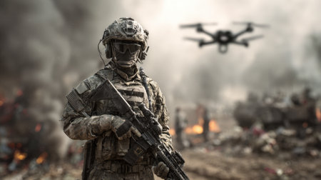 A soldier equipped with advanced tactical gear stands ready as a drone hovers nearby amid a dusty landscape, capturing crucial scouting information during a military operation.の素材