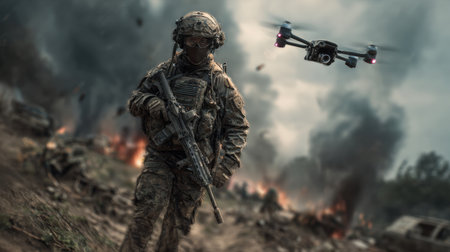 A soldier equipped with advanced tactical gear stands ready as a drone hovers nearby amid a dusty landscape, capturing crucial scouting information during a military operation.の素材