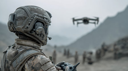 A soldier in tactical gear controls a drone using a remote, focused on the device's movements. Clouds loom above the open field, creating a dramatic atmosphere for the training.の素材