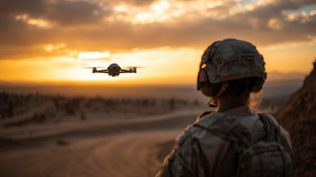 A soldier stands against a vibrant sunset, monitoring a drone's flight as it hovers nearby. The silhouetted figure focuses on a device, showcasing modern military technology in action.の素材