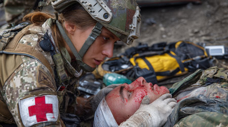 A military medic provides urgent care to an injured soldier inside a makeshift field hospital amid a combat setting, highlighting dedication and resilience under pressureの素材