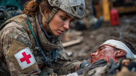 A military medic provides urgent care to an injured soldier inside a makeshift field hospital amid a combat setting, highlighting dedication and resilience under pressureの素材