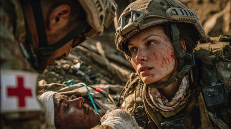A military medic provides urgent care to an injured soldier inside a makeshift field hospital amid a combat setting, highlighting dedication and resilience under pressureの素材