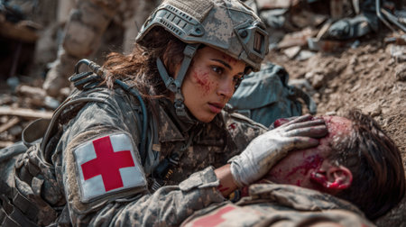A military medic provides urgent care to an injured soldier inside a makeshift field hospital amid a combat setting, highlighting dedication and resilience under pressureの素材