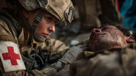 A military medic provides urgent care to an injured soldier inside a makeshift field hospital amid a combat setting, highlighting dedication and resilience under pressureの素材