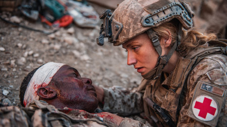 A military medic provides urgent care to an injured soldier inside a makeshift field hospital amid a combat setting, highlighting dedication and resilience under pressureの素材