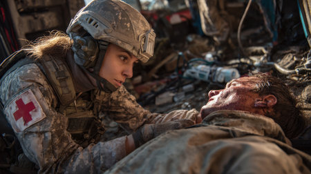 A military medic provides urgent care to an injured soldier inside a makeshift field hospital amid a combat setting, highlighting dedication and resilience under pressureの素材