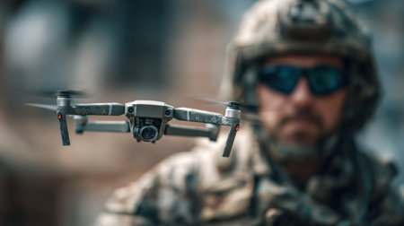 A soldier with dirt on his face concentrates on a drone hovering nearby. The environment suggests a rugged, outdoor location where military training occurs, likely at dusk.の素材