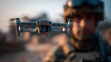 A soldier with dirt on his face concentrates on a drone hovering nearby. The environment suggests a rugged, outdoor location where military training occurs, likely at dusk.の素材