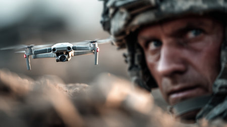 A soldier with dirt on his face concentrates on a drone hovering nearby. The environment suggests a rugged, outdoor location where military training occurs, likely at dusk.の素材