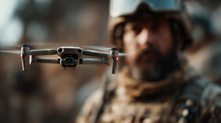 A soldier with dirt on his face concentrates on a drone hovering nearby. The environment suggests a rugged, outdoor location where military training occurs, likely at dusk.の素材
