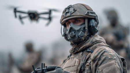 A soldier in tactical gear controls a drone using a remote, focused on the device's movements. Clouds loom above the open field, creating a dramatic atmosphere for the training.の素材