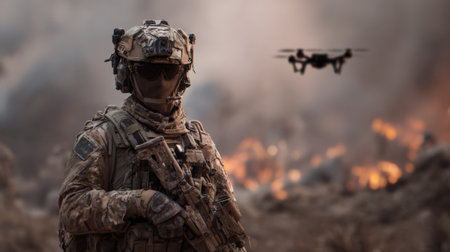 A soldier equipped with advanced tactical gear stands ready as a drone hovers nearby amid a dusty landscape, capturing crucial scouting information during a military operation.の素材