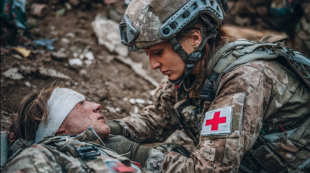 A military medic provides urgent care to an injured soldier inside a makeshift field hospital amid a combat setting, highlighting dedication and resilience under pressureの素材